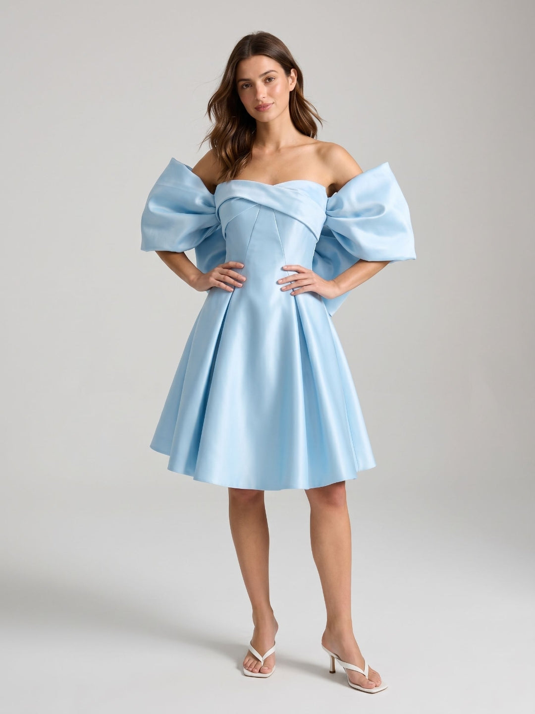 Sky Blue Satin A-Line Sweetheart Backless Short Homecoming Dress with Bow - Curvevia