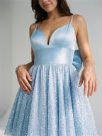 Sky Blue Satin A-Line Sweetheart V-Back Short Homecoming Dress with Bow - Curvevia