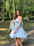 Sky Blue Satin A-Line Sweetheart V-Back Short Homecoming Dress with Bow - Curvevia
