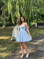 Sky Blue Satin A-Line Sweetheart V-Back Short Homecoming Dress with Bow - Curvevia