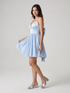 Sky Blue Satin A-Line Sweetheart V-Back Short Homecoming Dress with Bow - Curvevia