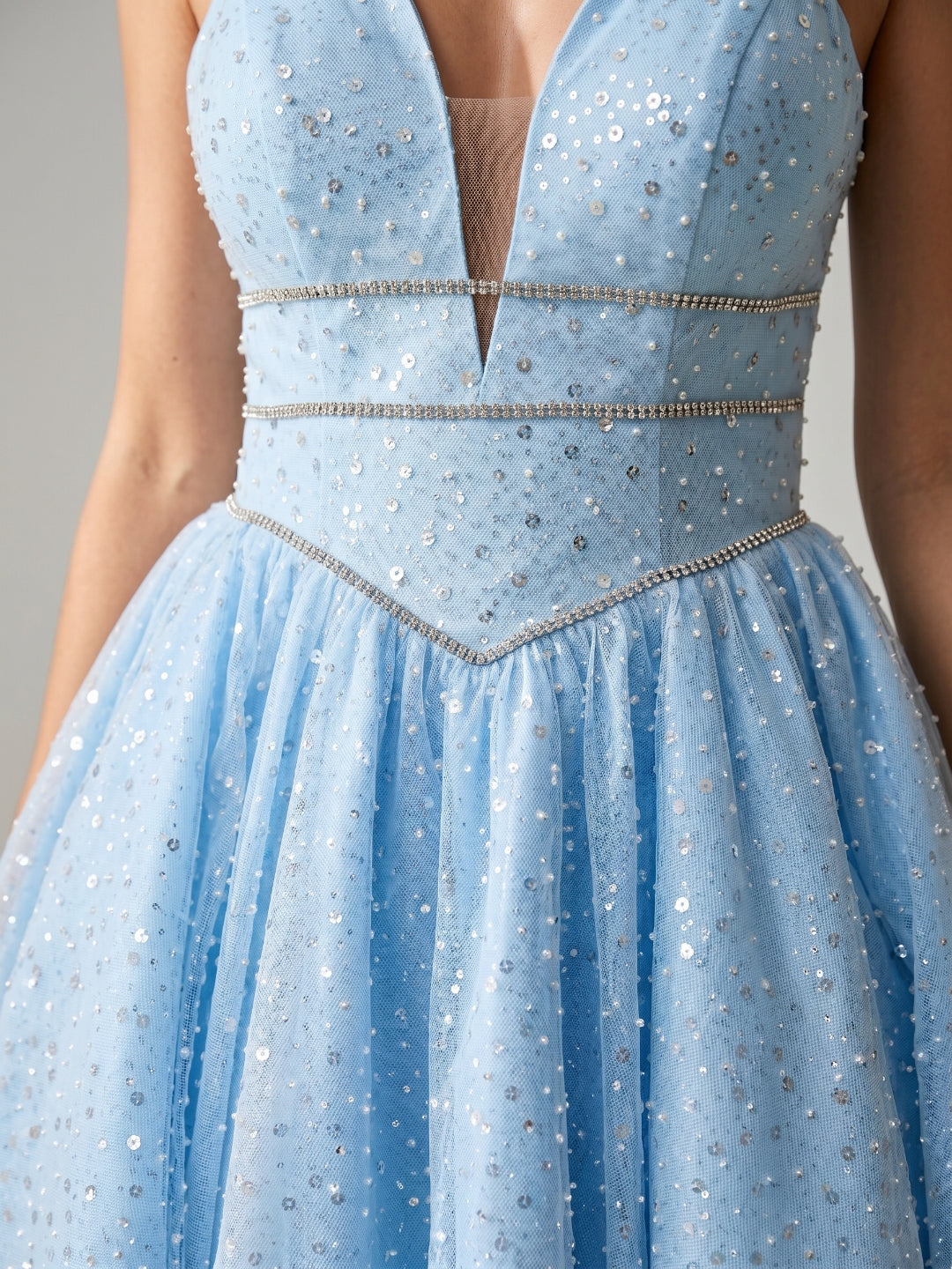 Sky Blue Satin A-Line V-Neck Lace-Up Back Short Homecoming Dress with Beading - Curvevia