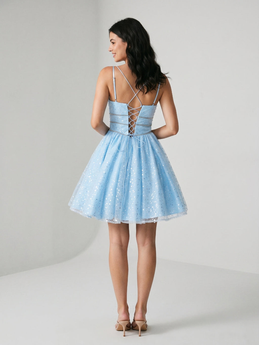 Sky Blue Satin A-Line V-Neck Lace-Up Back Short Homecoming Dress with Beading - Curvevia