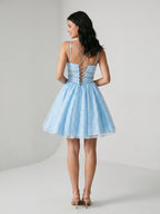 Sky Blue Satin A-Line V-Neck Lace-Up Back Short Homecoming Dress with Beading - Curvevia