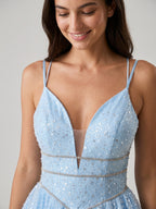 Sky Blue Satin A-Line V-Neck Lace-Up Back Short Homecoming Dress with Beading - Curvevia