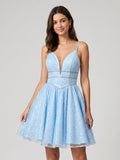 Sky Blue Satin A-Line V-Neck Lace-Up Back Short Homecoming Dress with Beading - Curvevia