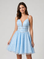 Sky Blue Satin A-Line V-Neck Lace-Up Back Short Homecoming Dress with Beading - Curvevia