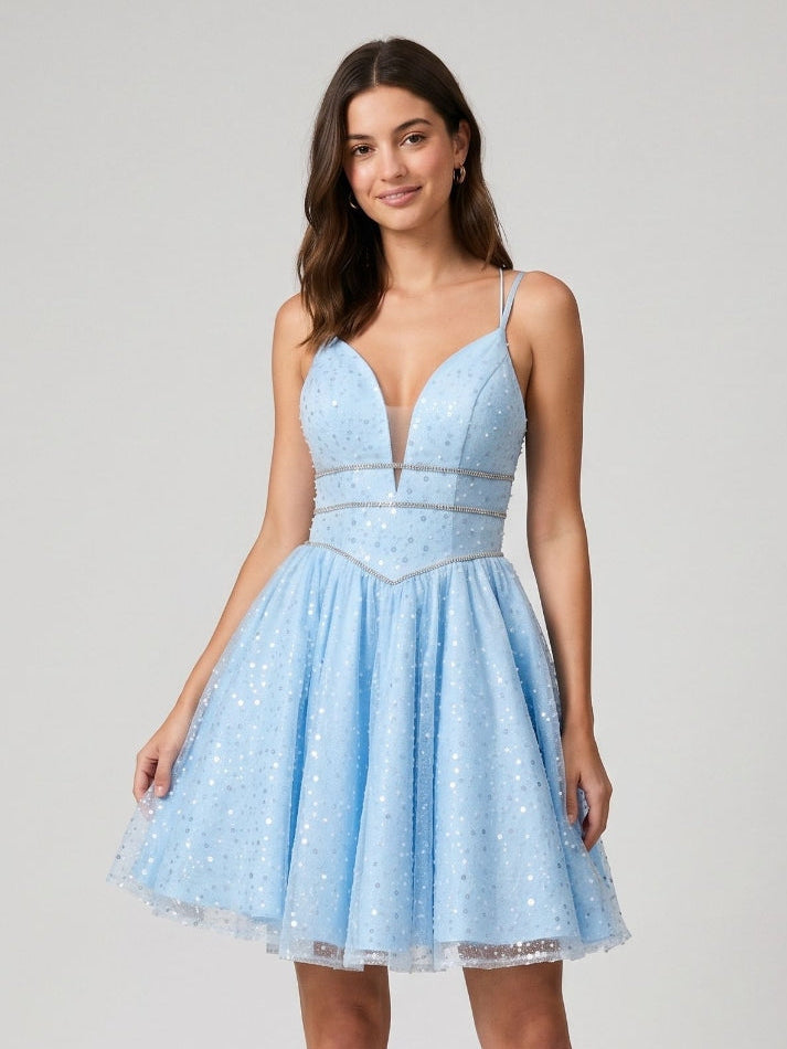 Sky Blue Satin A-Line V-Neck Lace-Up Back Short Homecoming Dress with Beading - Curvevia