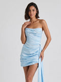 Sky Blue Satin Column Straight Neck Lace-Up Back Short Homecoming Dress with Pleating - Curvevia