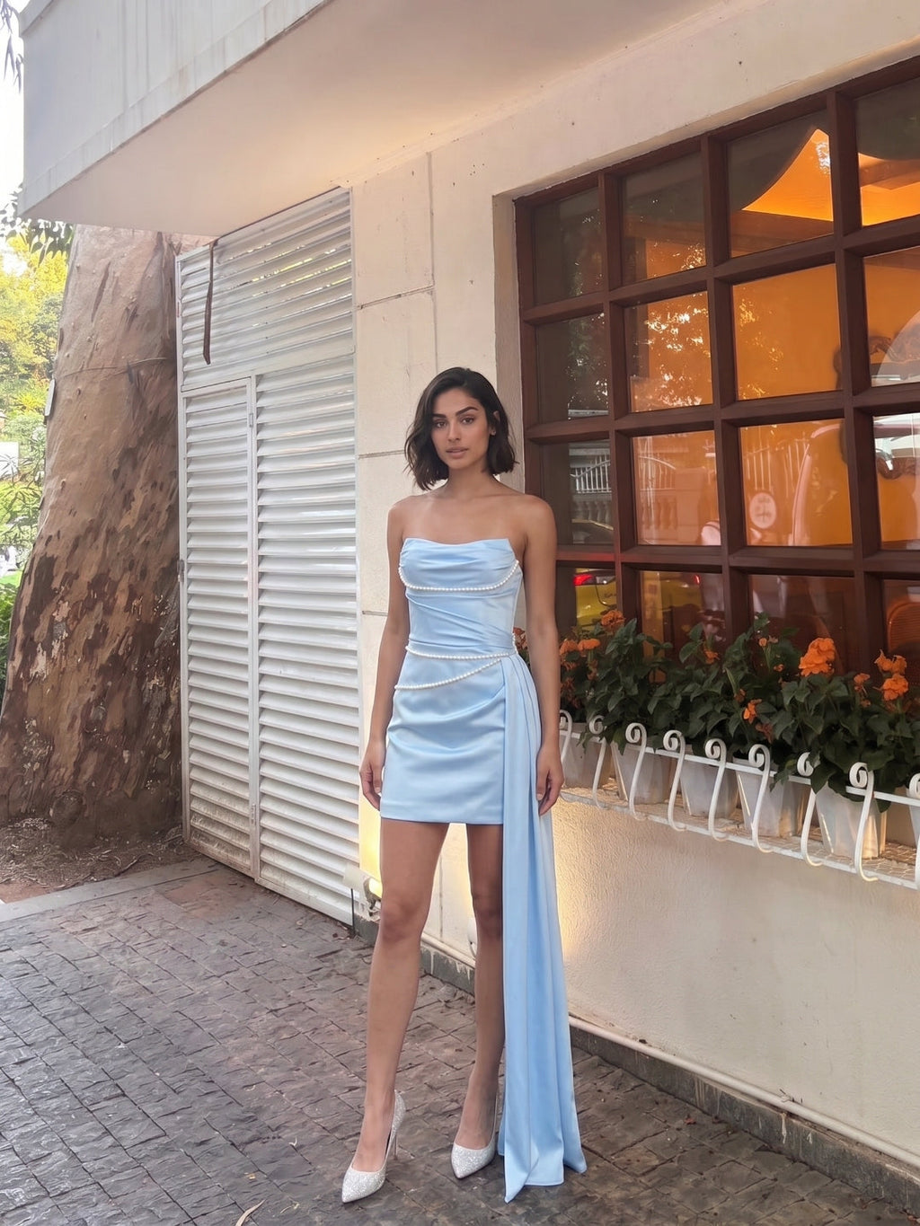 Sky Blue Satin Column Straight Neck Lace-Up Back Short Homecoming Dress with Pleating - Curvevia