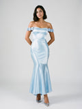 Sky Blue Satin Mermaid Off-the-Shoulder Backless Asymmetrical Evening Dress with 3D Flowers - Curvevia