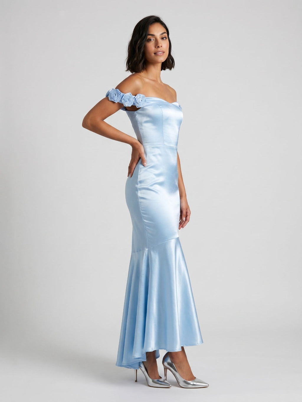Sky Blue Satin Mermaid Off-the-Shoulder Backless Asymmetrical Evening Dress with 3D Flowers - Curvevia
