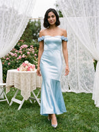Sky Blue Satin Mermaid Off-the-Shoulder Backless Asymmetrical Evening Dress with 3D Flowers - Curvevia