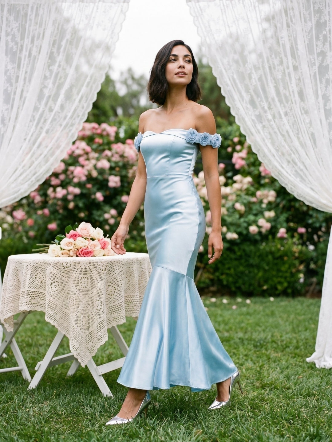 Sky Blue Satin Mermaid Off-the-Shoulder Backless Asymmetrical Evening Dress with 3D Flowers - Curvevia