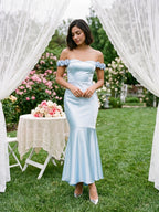 Sky Blue Satin Mermaid Off-the-Shoulder Backless Asymmetrical Evening Dress with 3D Flowers - Curvevia