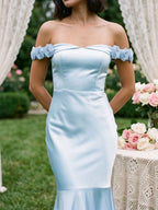 Sky Blue Satin Mermaid Off-the-Shoulder Backless Asymmetrical Evening Dress with 3D Flowers - Curvevia