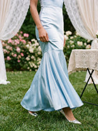Sky Blue Satin Mermaid Off-the-Shoulder Backless Asymmetrical Evening Dress with 3D Flowers - Curvevia