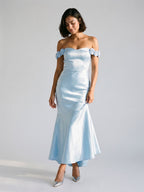 Sky Blue Satin Mermaid Off-the-Shoulder Backless Asymmetrical Evening Dress with 3D Flowers - Curvevia