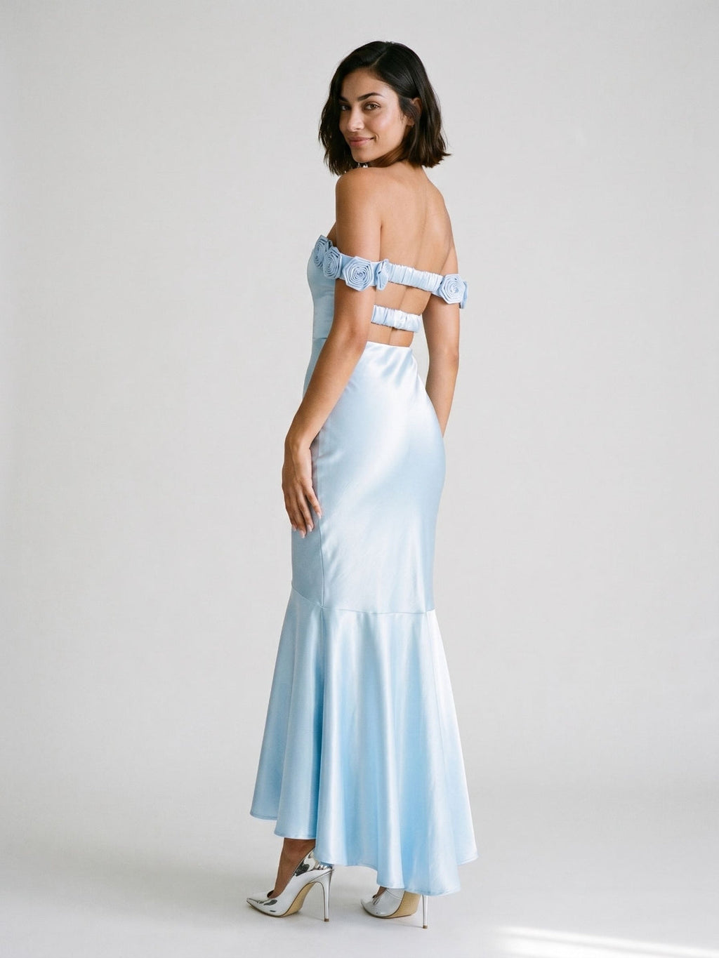 Sky Blue Satin Mermaid Off-the-Shoulder Backless Asymmetrical Evening Dress with 3D Flowers - Curvevia