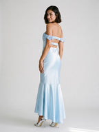 Sky Blue Satin Mermaid Off-the-Shoulder Backless Asymmetrical Evening Dress with 3D Flowers - Curvevia