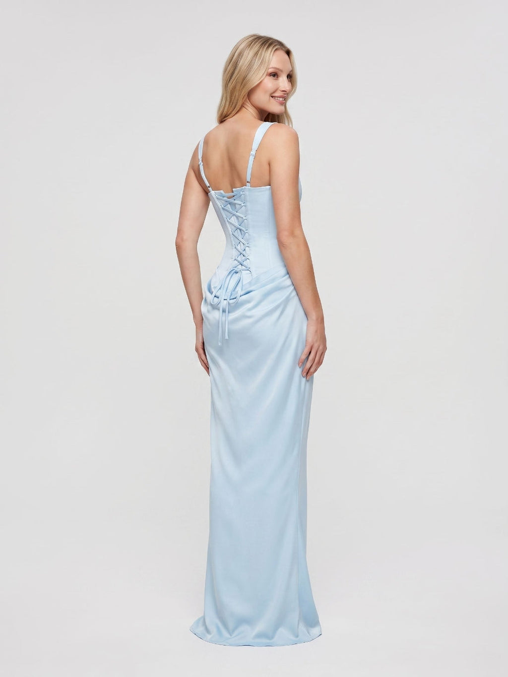 Sky Blue Satin Mermaid Square Neck Lace-Up Back Floor Length Dress - Curvevia