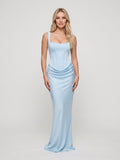 Sky Blue Satin Mermaid Square Neck Lace-Up Back Floor Length Dress - Curvevia
