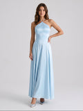 Sky Blue Satin Sheath Halter Neckline Back Zip Floor-Length Birthday Dress - Curvevia