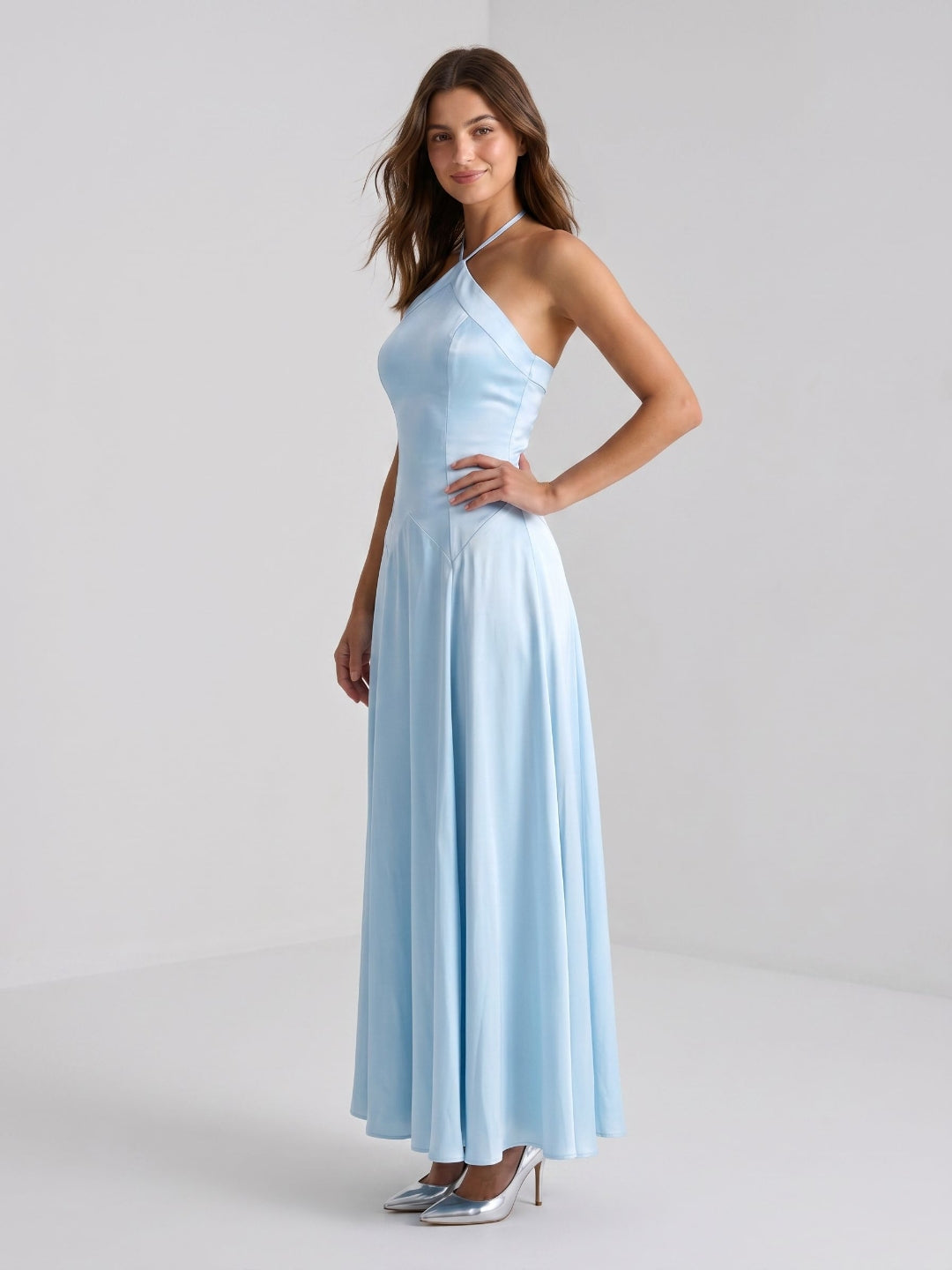 Sky Blue Satin Sheath Halter Neckline Back Zip Floor-Length Birthday Dress - Curvevia