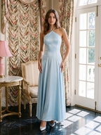 Sky Blue Satin Sheath Halter Neckline Back Zip Floor-Length Birthday Dress - Curvevia