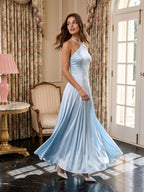 Sky Blue Satin Sheath Halter Neckline Back Zip Floor-Length Birthday Dress - Curvevia