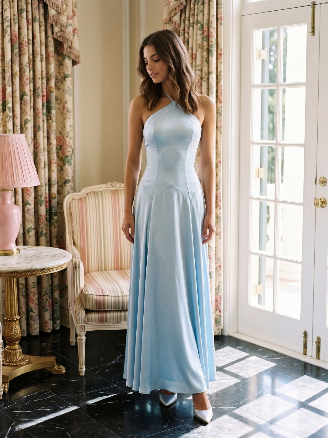 Sky Blue Satin Sheath Halter Neckline Back Zip Floor-Length Birthday Dress - Curvevia