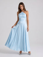 Sky Blue Satin Sheath Halter Neckline Back Zip Floor-Length Birthday Dress - Curvevia