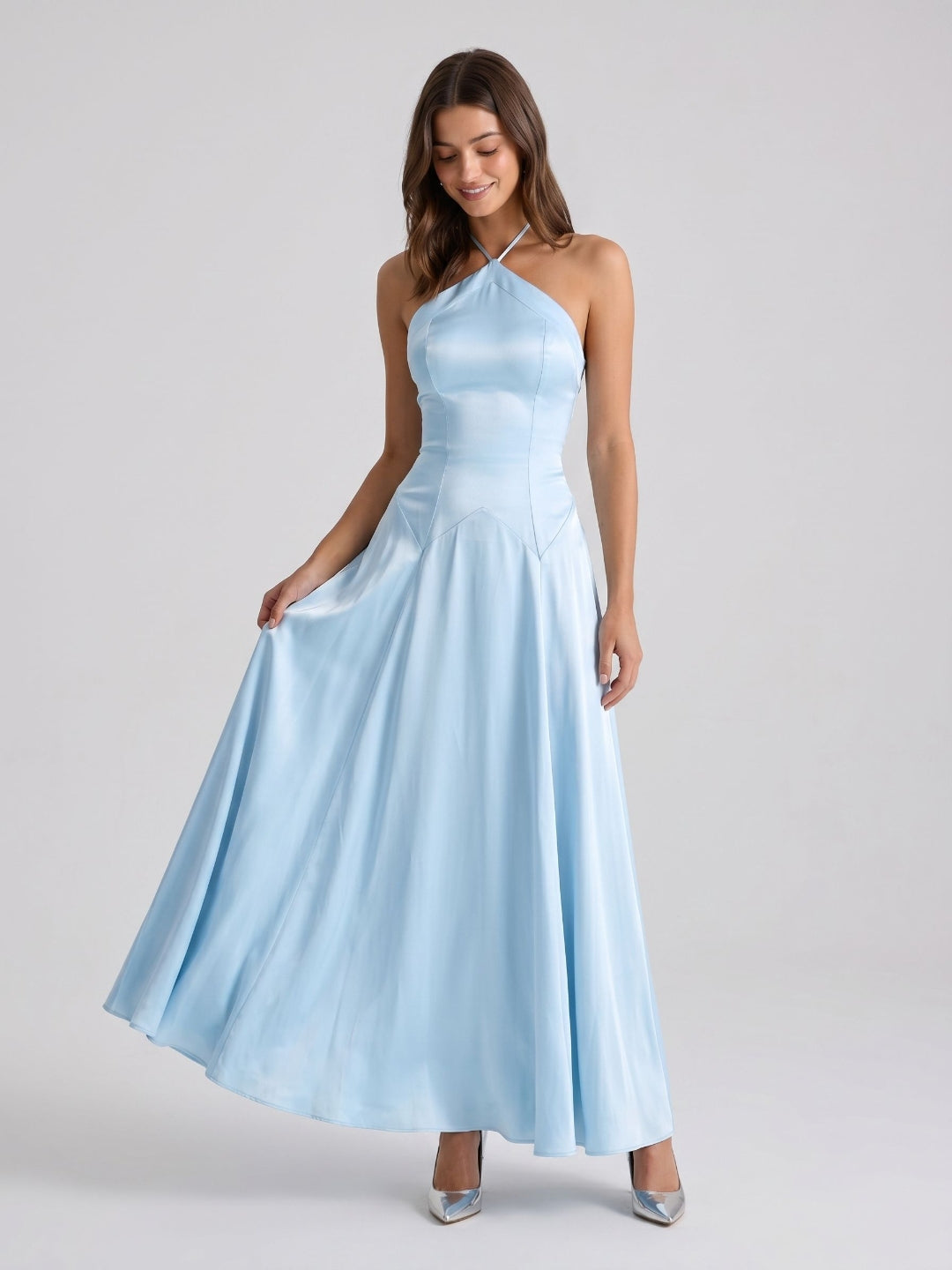 Sky Blue Satin Sheath Halter Neckline Back Zip Floor-Length Birthday Dress - Curvevia