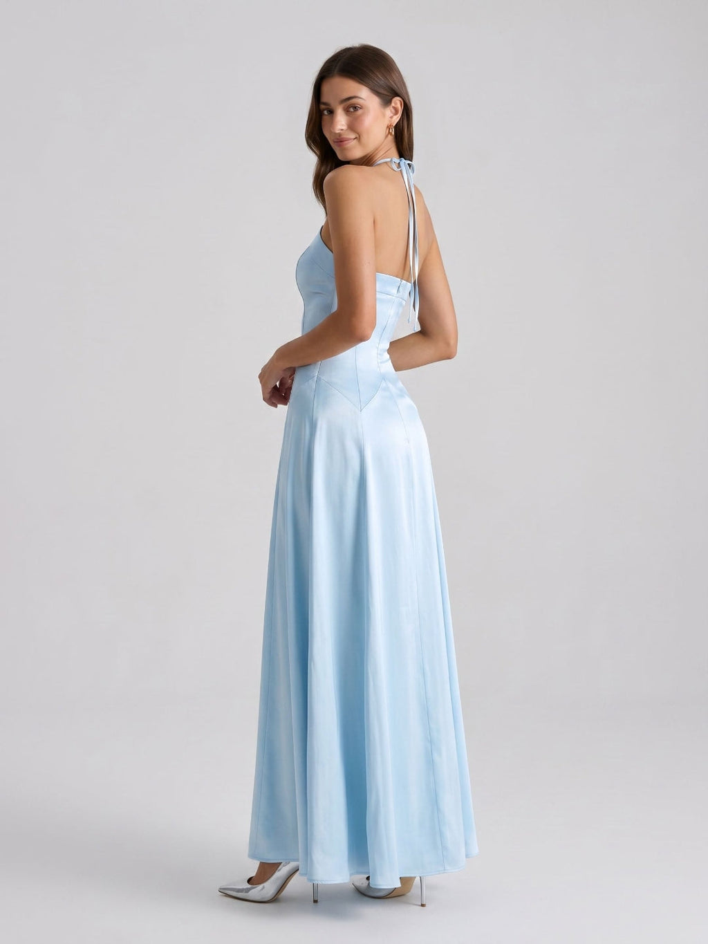 Sky Blue Satin Sheath Halter Neckline Back Zip Floor-Length Birthday Dress - Curvevia