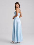 Sky Blue Satin Sheath Halter Neckline Back Zip Floor-Length Birthday Dress - Curvevia