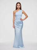 Sky Blue Satin Sheath One Shoulder Floor-Length Dress - Curvevia
