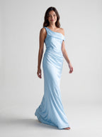 Sky Blue Satin Sheath One Shoulder Side Zip Floor-Length Dress - Curvevia