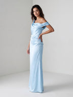 Sky Blue Satin Sheath One Shoulder Side Zip Floor-Length Dress - Curvevia