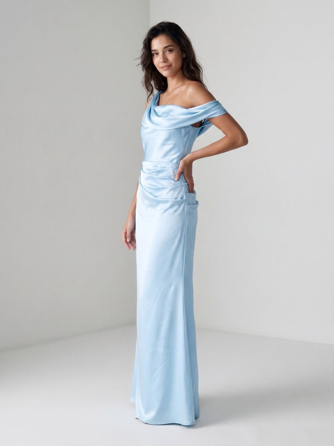 Sky Blue Satin Sheath One Shoulder Side Zip Floor-Length Dress - Curvevia