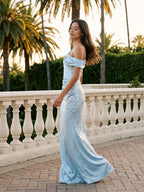 Sky Blue Satin Sheath One Shoulder Side Zip Floor-Length Dress - Curvevia