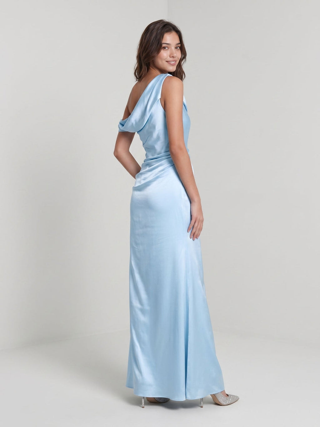 Sky Blue Satin Sheath One Shoulder Side Zip Floor-Length Dress - Curvevia