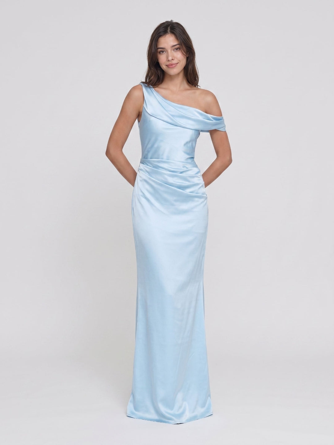 Sky Blue Satin Sheath One Shoulder Side Zip Floor-Length Dress - Curvevia