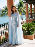 Mist Chiffon A-Line Square Neck Floor-Length Dress with Sequins - Curvevia