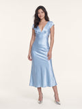 Sky Blue Satin Sheath V-Neck V-Back Tea-Length Bridesmaid Dress with Pleats - Curvevia