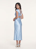 Sky Blue Satin Sheath V-Neck V-Back Tea-Length Bridesmaid Dress with Pleats - Curvevia