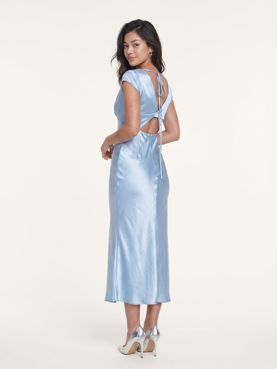 Sky Blue Satin Sheath V-Neck V-Back Tea-Length Bridesmaid Dress with Pleats - Curvevia