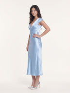 Sky Blue Satin Sheath V-Neck V-Back Tea-Length Bridesmaid Dress with Pleats - Curvevia