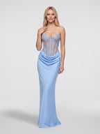 Sky Blue Satin and Lace Sheath Sweetheart Lace-Up Back Floor Length Dress - Curvevia