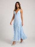 Sky Blue Stretch Knit A-Line V-Neck Backless Floor-Length Evening Dress - Curvevia