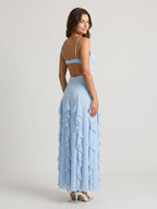 Sky Blue Stretch Knit A-Line V-Neck Backless Floor-Length Evening Dress - Curvevia